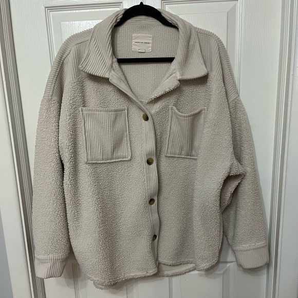 American Eagle Mid-Length Sherpa corduroy oversized Jacket cream large - Picture 3 of 7